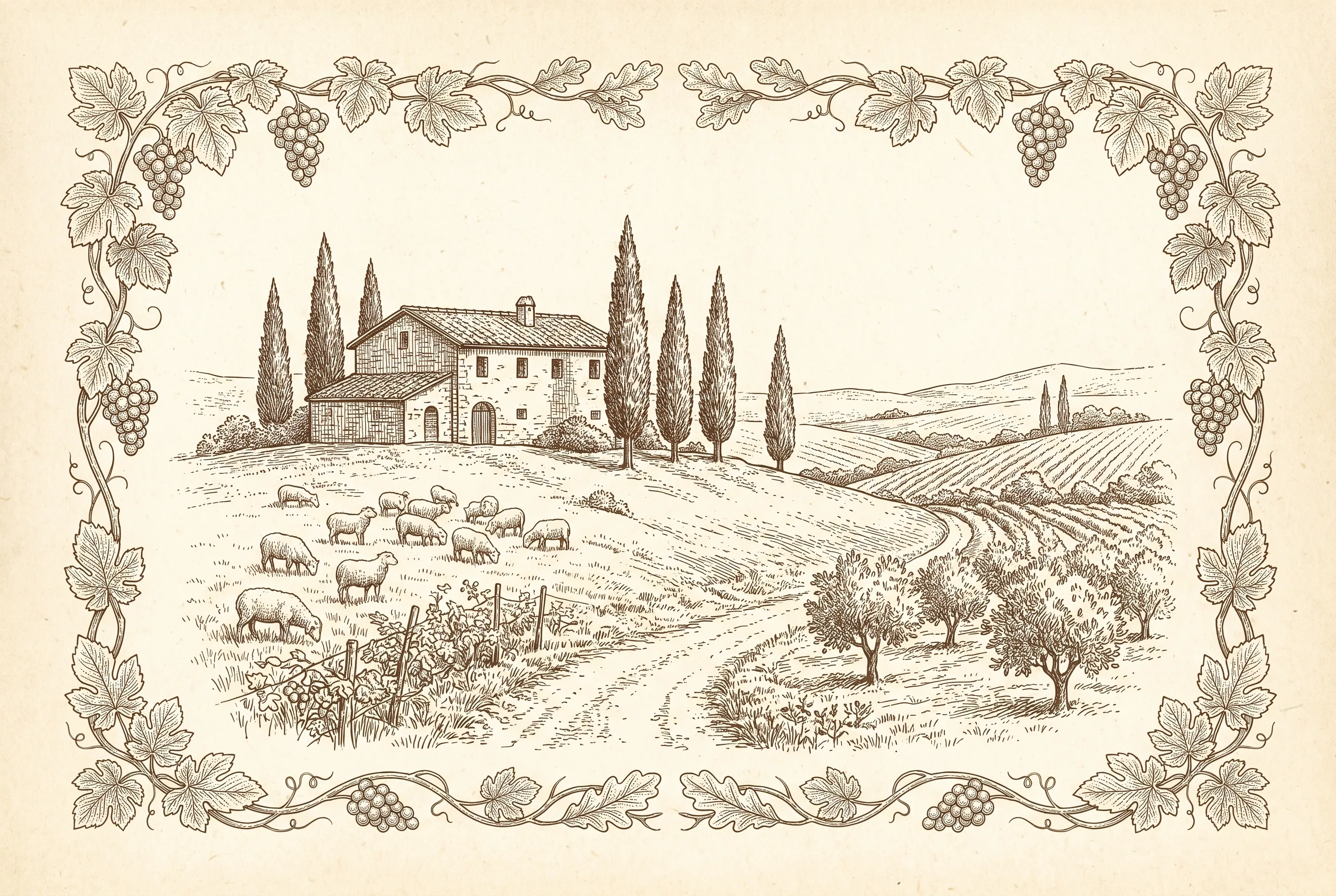 Kupferstich-Illustration einer toskanischen Landschaft mit Landhaus, Zypressen und Weinbergen