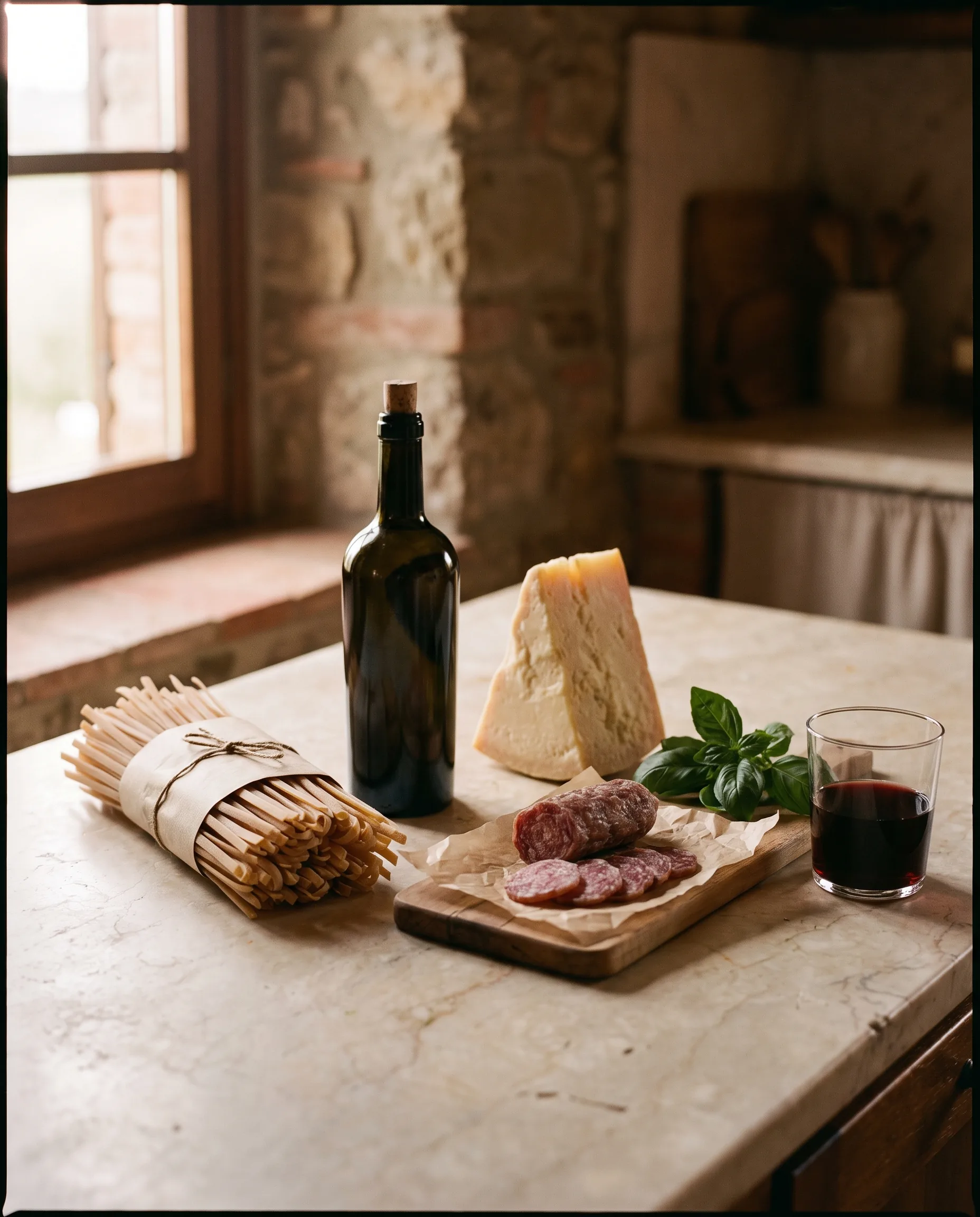 Italienische Feinkost auf einer Marmortheke: handwerkliche Pasta, Olivenöl, Parmigiano, Salami und ein Glas Rotwein
