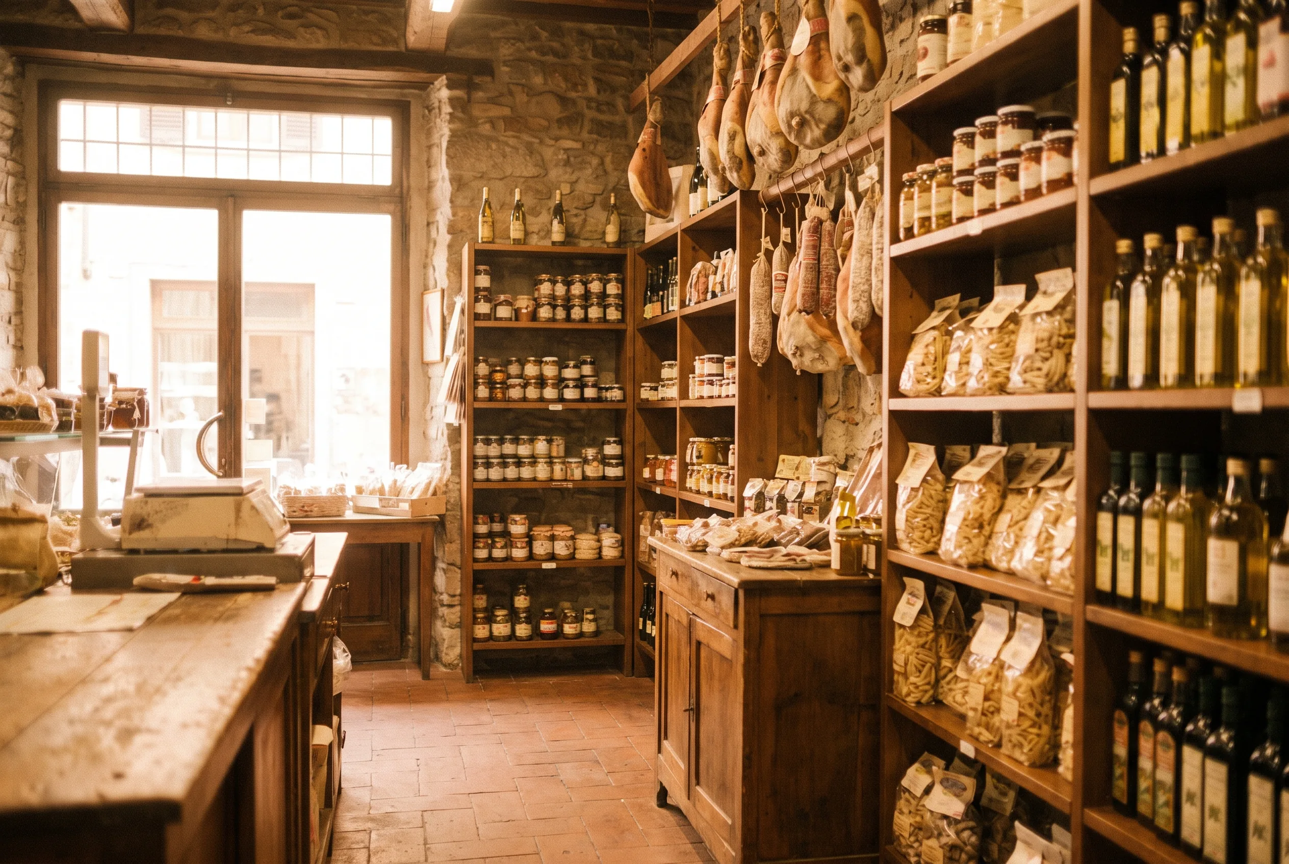 Innenraum des Marktes Tutto Italiano mit Regalen voller italienischer Spezialitäten